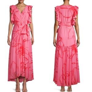 Hutch Beck Chiffon Floral Ruffled Wrap Maxi Dress Pink Roman Women's Size Medium
